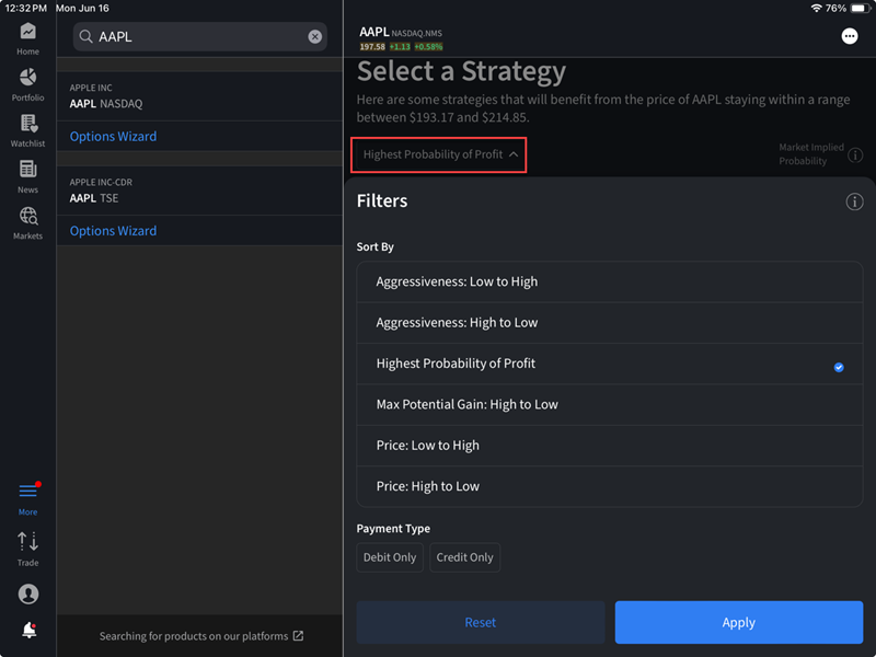The options wizard filter on the iPad
